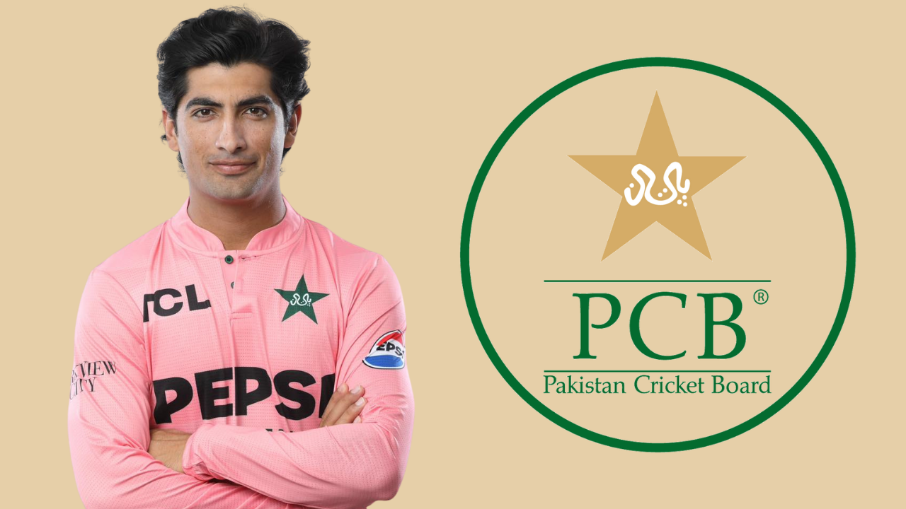 Naseem Shah in a pink Pakistan cricket jersey standing next to the Pakistan Cricket Board (PCB) logo on a beige background.