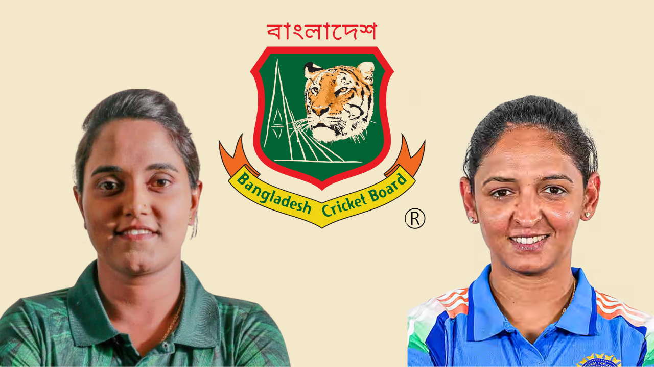 Nigar Sultana Joty and Harmanpreet Kaur with Bangladesh Cricket Board logo in the background, representing Bangladesh vs India women's cricket match.