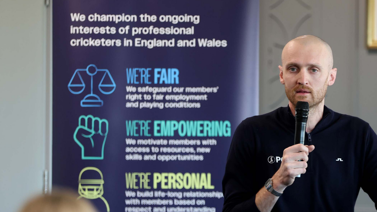PCA Chair Olly Hannon-Dalby speaking at an event supporting professional cricketers in England and Wales