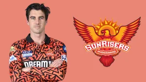 Pat Cummins in Sunrisers Hyderabad jersey standing beside the team logo, ahead of IPL 2025 season.