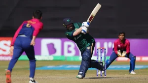 Ireland's Paul Stirling plays a shot against UAE during an international cricket match in 2025
