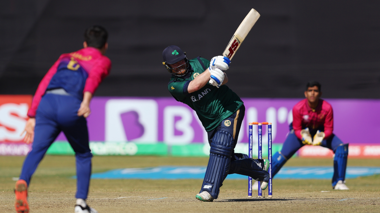 Ireland's Paul Stirling plays a shot against UAE during an international cricket match in 2025