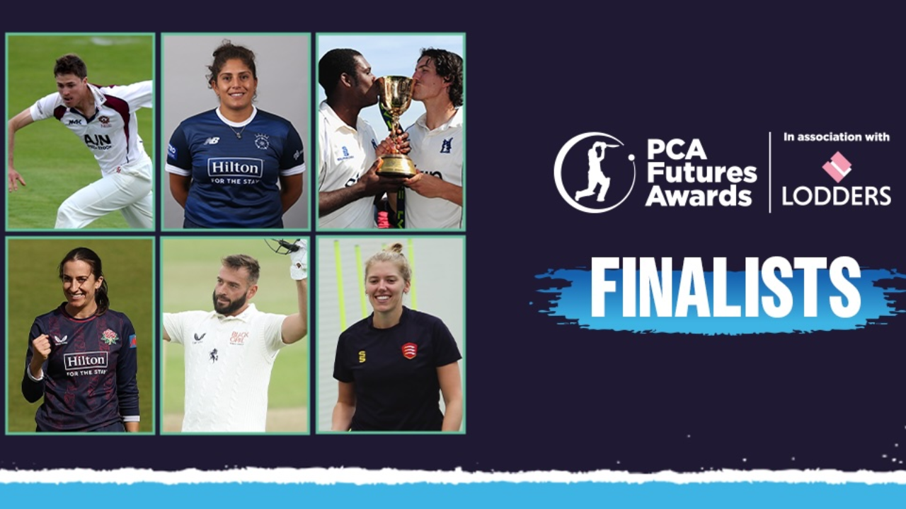 PCA Futures Awards 2025 finalists featuring male and female cricketers, with event branding and Lodders partnership