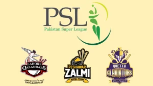 Logos of Pakistan Super League 2025 and teams Lahore Qalandars, Peshawar Zalmi, and Quetta Gladiators on a yellow background