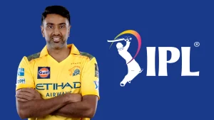 Ravichandran Ashwin in Chennai Super Kings jersey with IPL logo on blue background