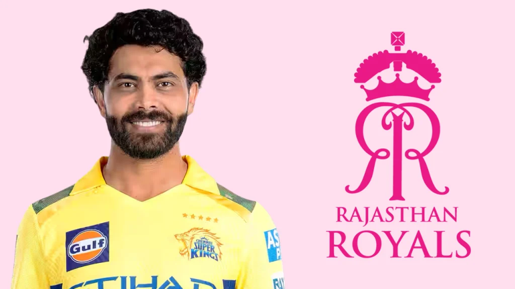 Indian cricketer Ravindra Jadeja in Chennai Super Kings jersey next to Rajasthan Royals logo on a pink background