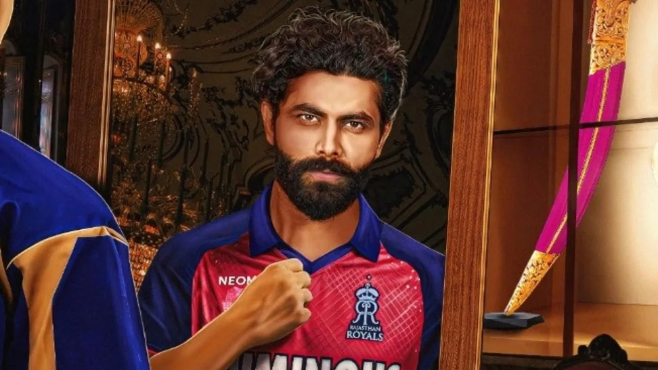 Ravindra Jadeja seen in a mirror wearing the Rajasthan Royals 2025 jersey, featured in a dramatic promotional reveal with royal-themed decor.