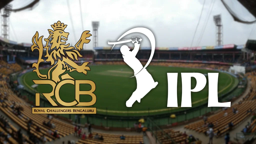 Royal Challengers Bengaluru (RCB) and IPL logos overlaid on M. Chinnaswamy Stadium in Bengaluru ahead of 2025 season.
