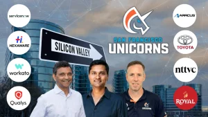 San Francisco Unicorns leaders David White, Venky Harinarayan, and Anand Rajaraman with team logo and sponsor logos including Toyota, Hexaware, and ServiceNow in Silicon Valley backdrop