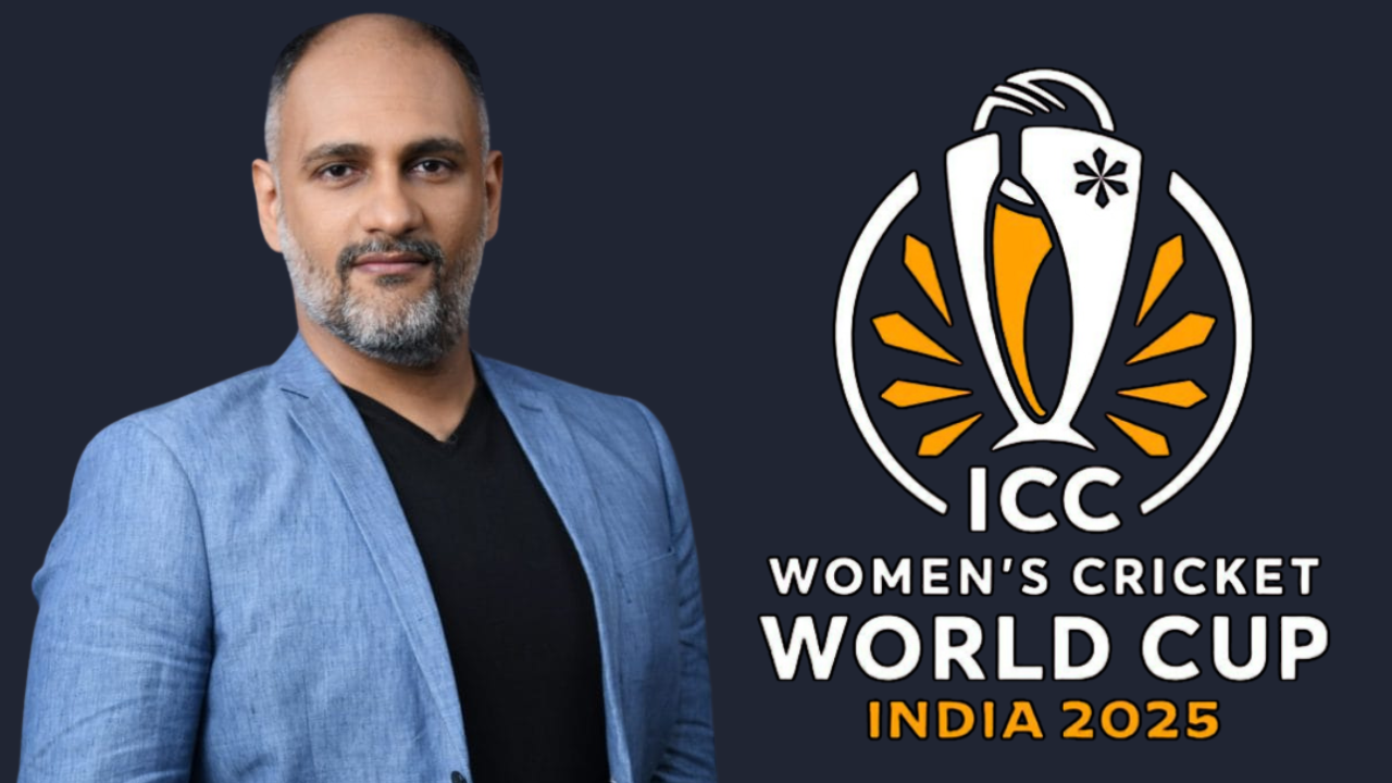 Sanjog Gupta standing next to ICC Women's Cricket World Cup India 2025 logo on dark background