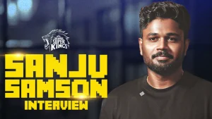 Sanju Samson interview graphic with Chennai Super Kings logo in the background