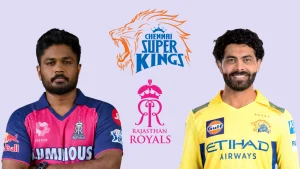 Sanju Samson of Rajasthan Royals and Ravindra Jadeja of Chennai Super Kings with team logos ahead of an IPL clash.