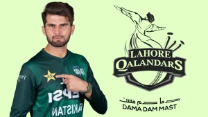 Shaheen Shah Afridi wearing Pakistan cricket team jersey, pointing at PCB logo, with Lahore Qalandars PSL team logo and "Dama Dam Mast" slogan in the background.