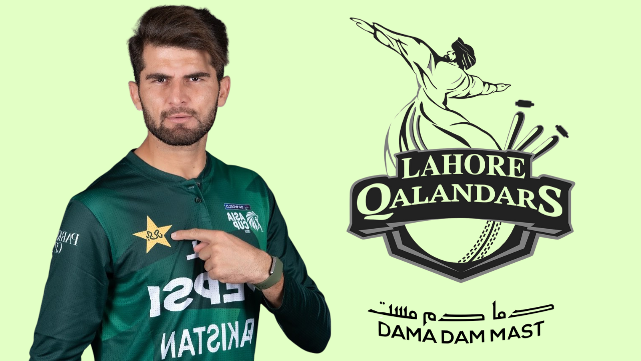 Shaheen Shah Afridi wearing Pakistan cricket team jersey, pointing at PCB logo, with Lahore Qalandars PSL team logo and "Dama Dam Mast" slogan in the background.