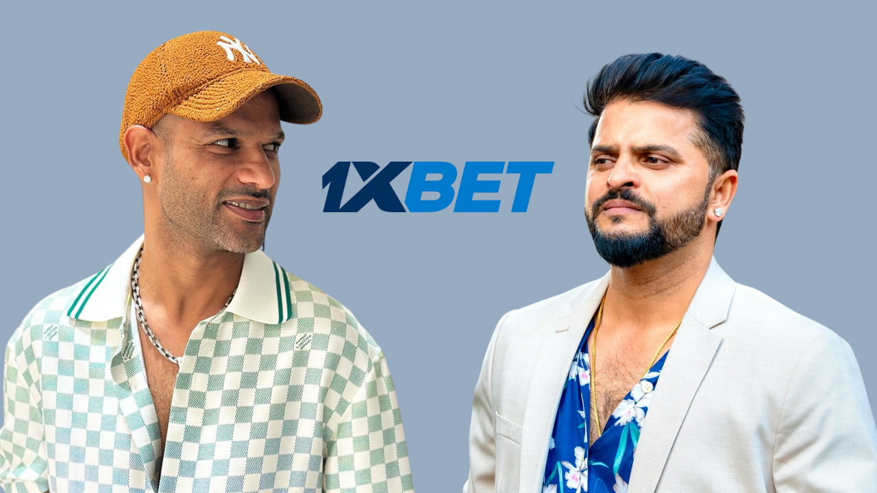 Shikhar Dhawan and Suresh Raina pictured with 1XBET logo in the background, highlighting brand association.