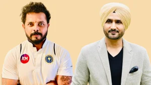 Former Indian cricketers Sreesanth and Harbhajan Singh pictured together, Sreesanth in cricket whites and Harbhajan in a beige blazer with turban