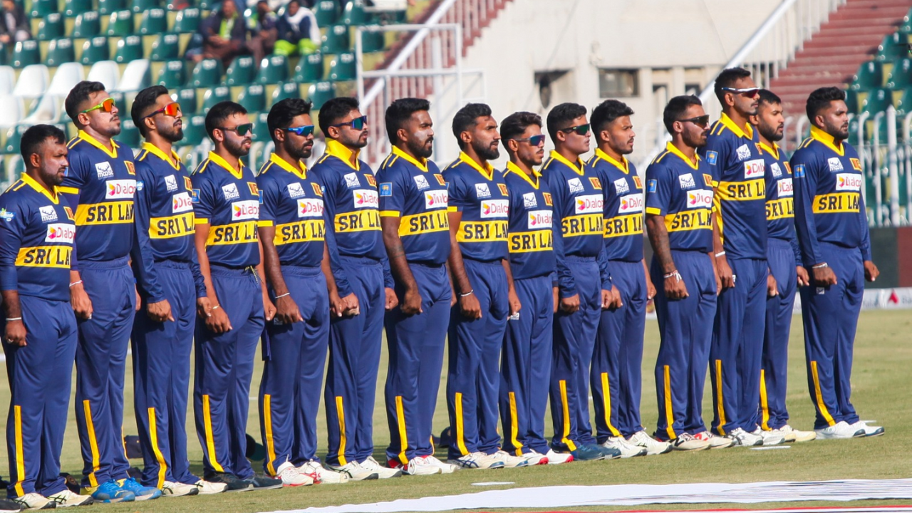 Sri Lanka cricket team lined up for the national anthem before a match in the KFC Tri-Nation Series 2025.