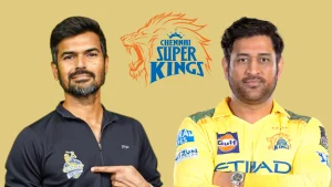 Subramaniam Badrinath and MS Dhoni pose with Chennai Super Kings logo, showcasing team pride ahead of IPL 2025.