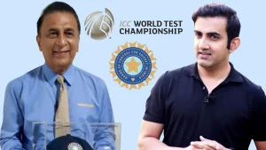 Sunil Gavaskar and Gautam Gambhir with BCCI and ICC World Test Championship logos, representing expert commentary or analysis on India's Test cricket.