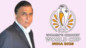 Sunil Gavaskar standing beside the ICC Women’s Cricket World Cup India 2025 logo, wearing a dark suit on a light pink background.