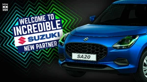 Suzuki announced as new partner of SA20 cricket league with image of blue Suzuki car and partnership graphic