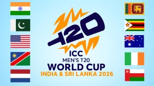 ICC Men's T20 World Cup 2026 logo with flags of India, Pakistan, USA, Namibia, Netherlands, Sri Lanka, Zimbabwe, Australia, Ireland, and Oman on a blue gradient background