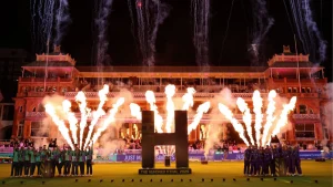 The Hundred 2025 men's and women's cricket teams celebrating with trophies during the grand finale with fireworks at Lord's