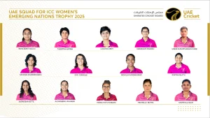 UAE women’s cricket team squad announcement for the ICC Women’s Emerging Nations Trophy 2025, featuring player portraits including captain Esha Rohit Oza and teammates in pink uniforms.