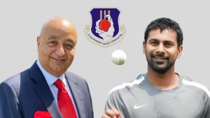 UPCA logo with Nidhipati Singhania in a suit and Praveen Kumar in a sports jersey, symbolizing Uttar Pradesh Cricket Association leadership and legacy