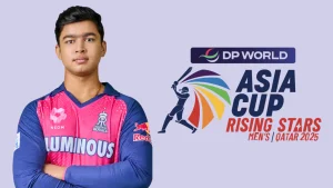 Vaibhav Suryavanshi in Rajasthan Royals jersey next to Asia Cup Rising Stars 2025 logo in Qatar sponsored by DP World