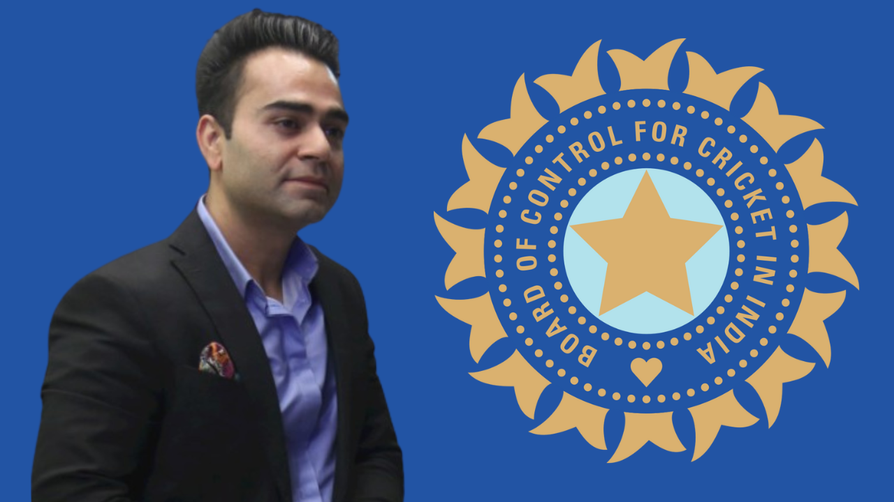 Vikas Kohli in a formal suit standing beside the Board of Control for Cricket in India (BCCI) logo on a blue background.