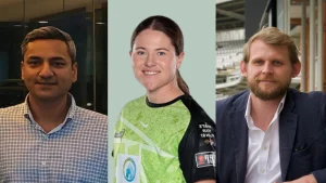 Portrait compilation of Viplav Jha, Australian cricketer Hannah Darlington in uniform, and cricket executive Angus Berry in professional attire.