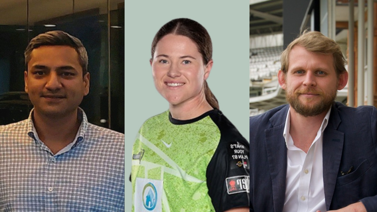 Portrait compilation of Viplav Jha, Australian cricketer Hannah Darlington in uniform, and cricket executive Angus Berry in professional attire.