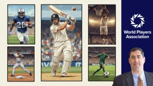 Walter Palmer with the World Players’ Association logo alongside illustrated athletes from cricket, football, basketball, baseball, and soccer