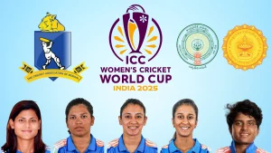 Richa Ghosh, Smriti Mandhana, Jemimah Rodrigues, Radha Yadav, and Shree Charani with ICC Women's Cricket World Cup 2025 logo and logos of Cricket Association of Bengal, Maharashtra and Andhra Pradesh governments.