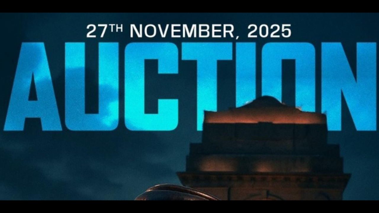 WPL 2025 auction announcement with date November 27, 2025 displayed over a lit building at night