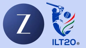 ZEE Network logo alongside ILT20 (International League T20) logo on a light blue background, representing media partnership or broadcasting collaboration.