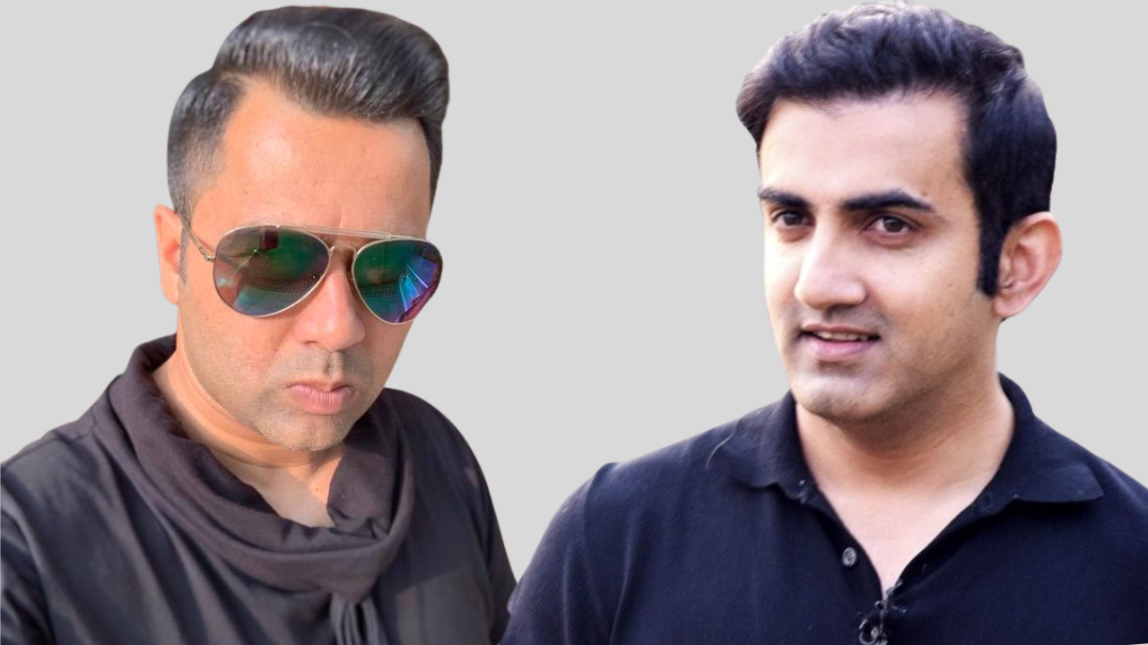 Aakash Chopra wearing sunglasses and Gautam Gambhir in a black shirt, both posing against a plain background.