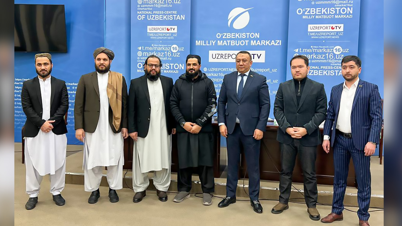 Afghanistan Cricket Board officials posing with Cricket Federation of Uzbekistan representatives during a press event in Tashkent.