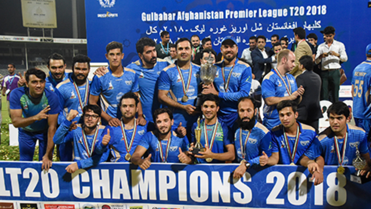 Afghanistan Premier League T20 2018 winning team posing with trophy and medals after championship victory