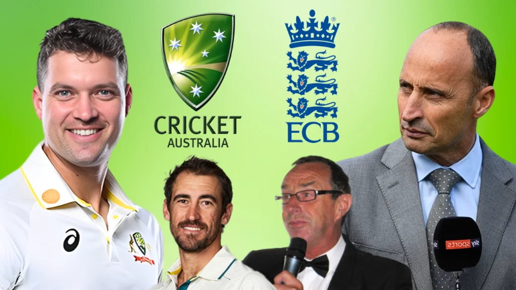 Alex Carey, Mitchell Starc, Nasser Hussain, and David ‘Bumble’ Lloyd with Cricket Australia and ECB logos on a green background