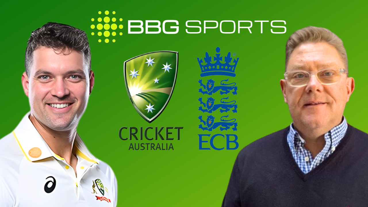Alex Carey and Warren Brennan with BBG Sports logo, alongside Cricket Australia and ECB logos on a green background.