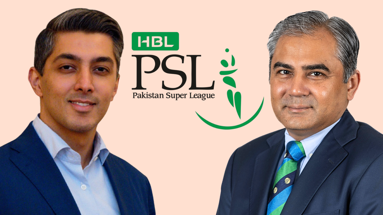 Ali Khan Tareen and Mohsin Naqvi with HBL Pakistan Super League (PSL) logo in the background.