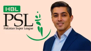 Ali Khan Tareen pictured next to the HBL Pakistan Super League (PSL) logo, representing his involvement in the 2025 PSL season.