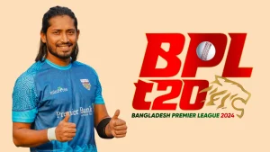 Bangladeshi cricketer Anamul Haque Bijoy giving thumbs up in team kit next to the Bangladesh Premier League (BPL) 2024 logo