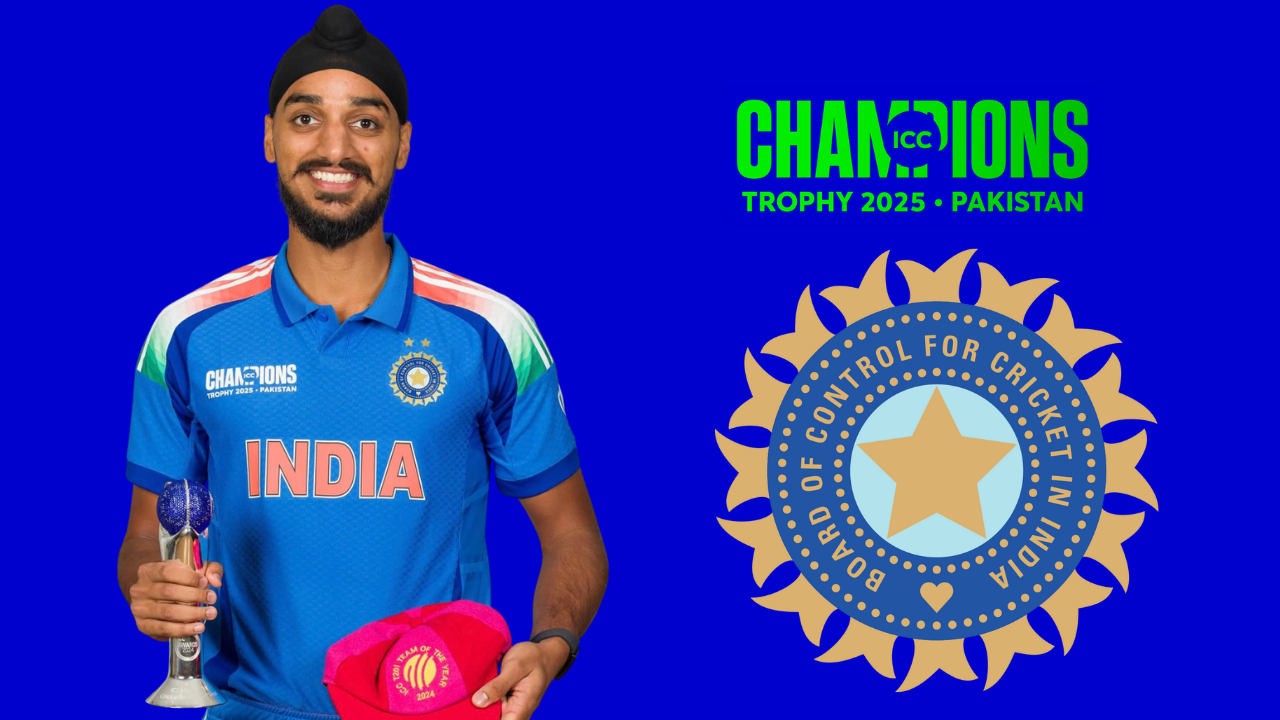 Indian cricketer Arshdeep Singh holding a trophy and cap with ICC Champions Trophy 2025 Pakistan and BCCI logos in the background.