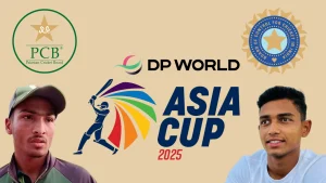 Asia Cup 2025 promotional graphic featuring PCB and BCCI logos, tournament branding, and cricketers Huzaifa Ahsan and Kishan Kumar Singh on a beige background.