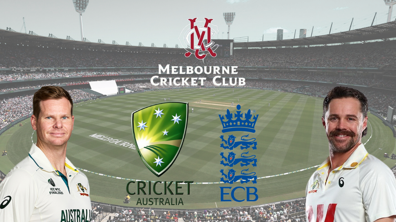 Steve Smith and Travis Head at Melbourne Cricket Ground with Cricket Australia, ECB, and MCC logos ahead of Australia vs England cricket match.