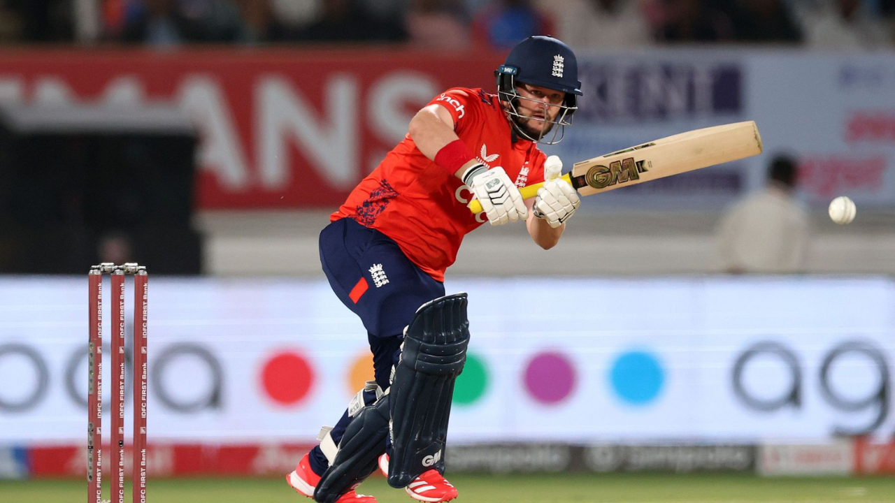 Ben Duckett plays a shot while batting for England in a T20 international cricket match.