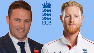 Brendon McCullum and Ben Stokes with ECB (England and Wales Cricket Board) logo on a blue background